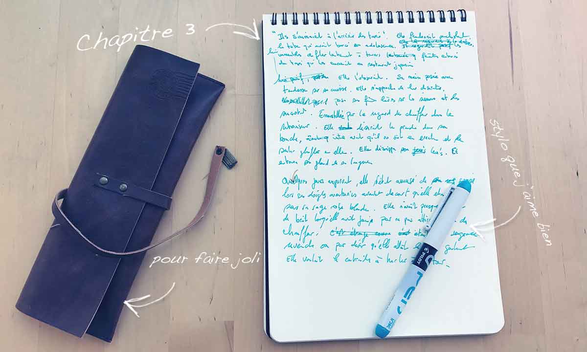 Brouillon manuscrit du chapitre 3 dans un carnet, à côté d'un étui à stylo en cuir